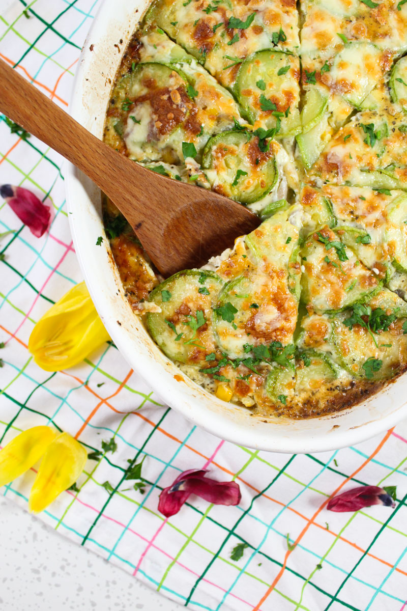 Zuchini casserole with a spatula in it