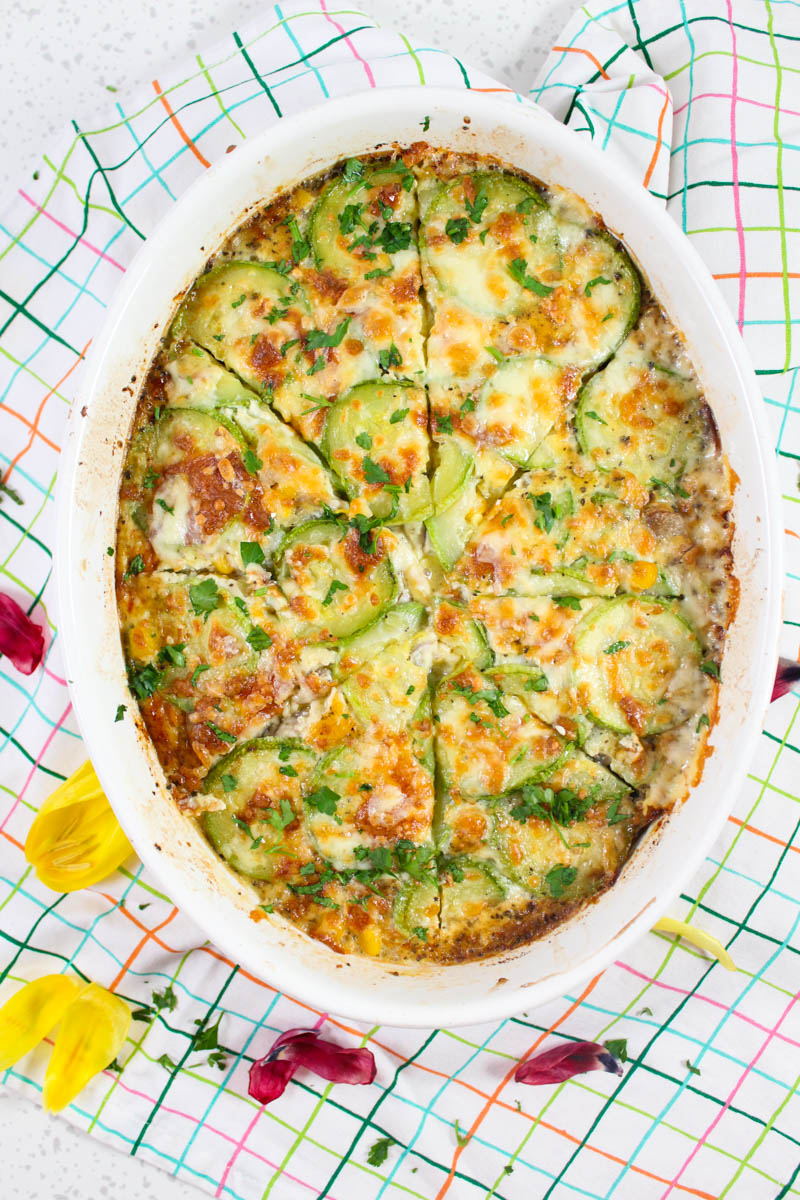 Zuchini pie with sweet corn in a casserole