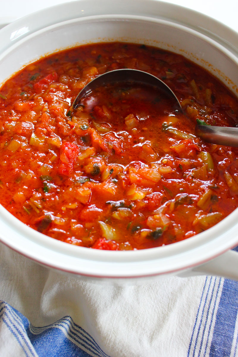 Tomato soup with onions, peppers, tomatoes and parsley